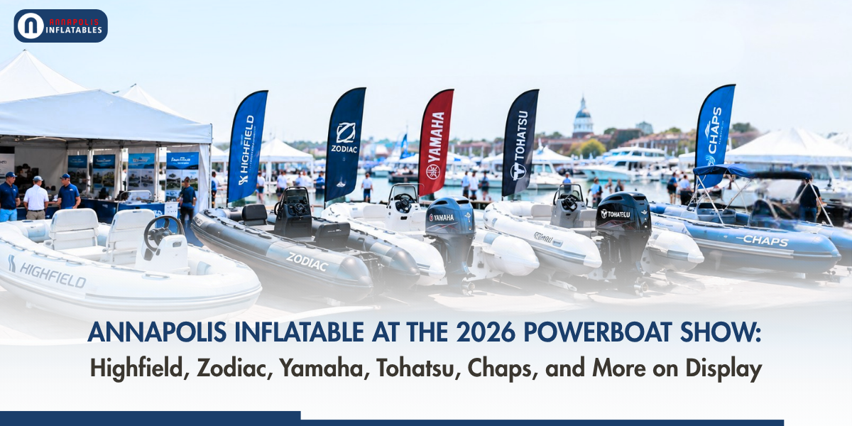 Annapolis Inflatables 2026 Powerboat Show booth with Highfield, Zodiac, Yamaha, Tohatsu, Chaps boats and Outboard Motors