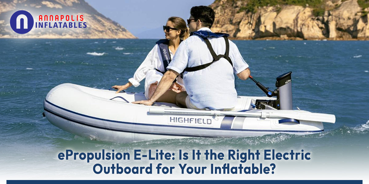 Annapolis Inflatables Highfield RIB boat with couple riding, ePropulsion E-Lite electric outboard motor attached