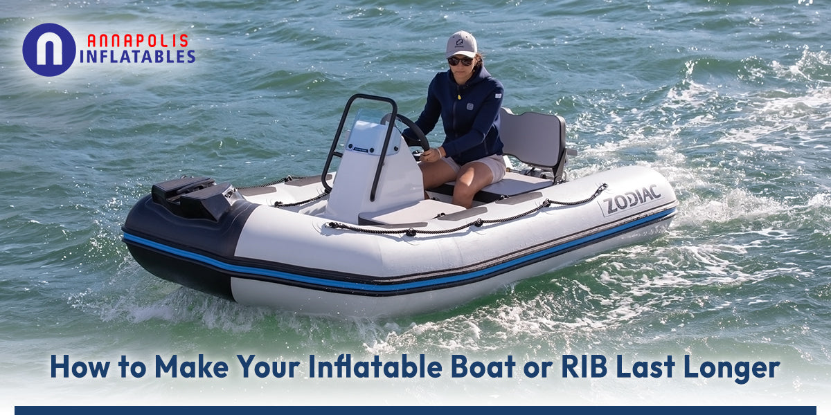 Annapolis Inflatables Zodiac inflatable RIB boat running fast on open water with driver steering at helm console