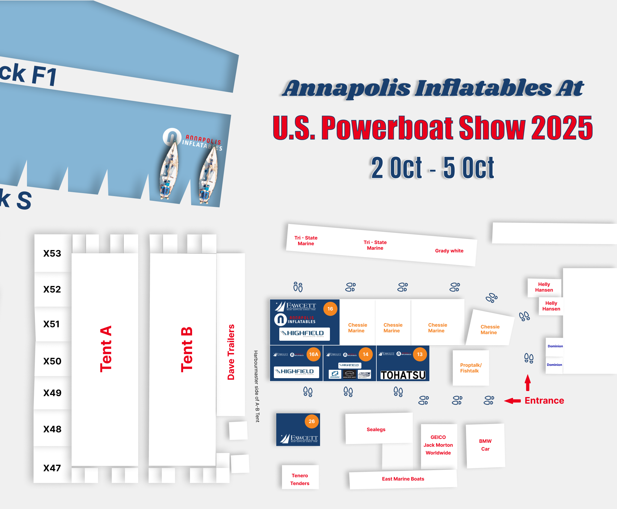 Map of U.S. Powerboat Show 2025 to locate Annapolis Inflatables and Fawcet Boat Supplies booth