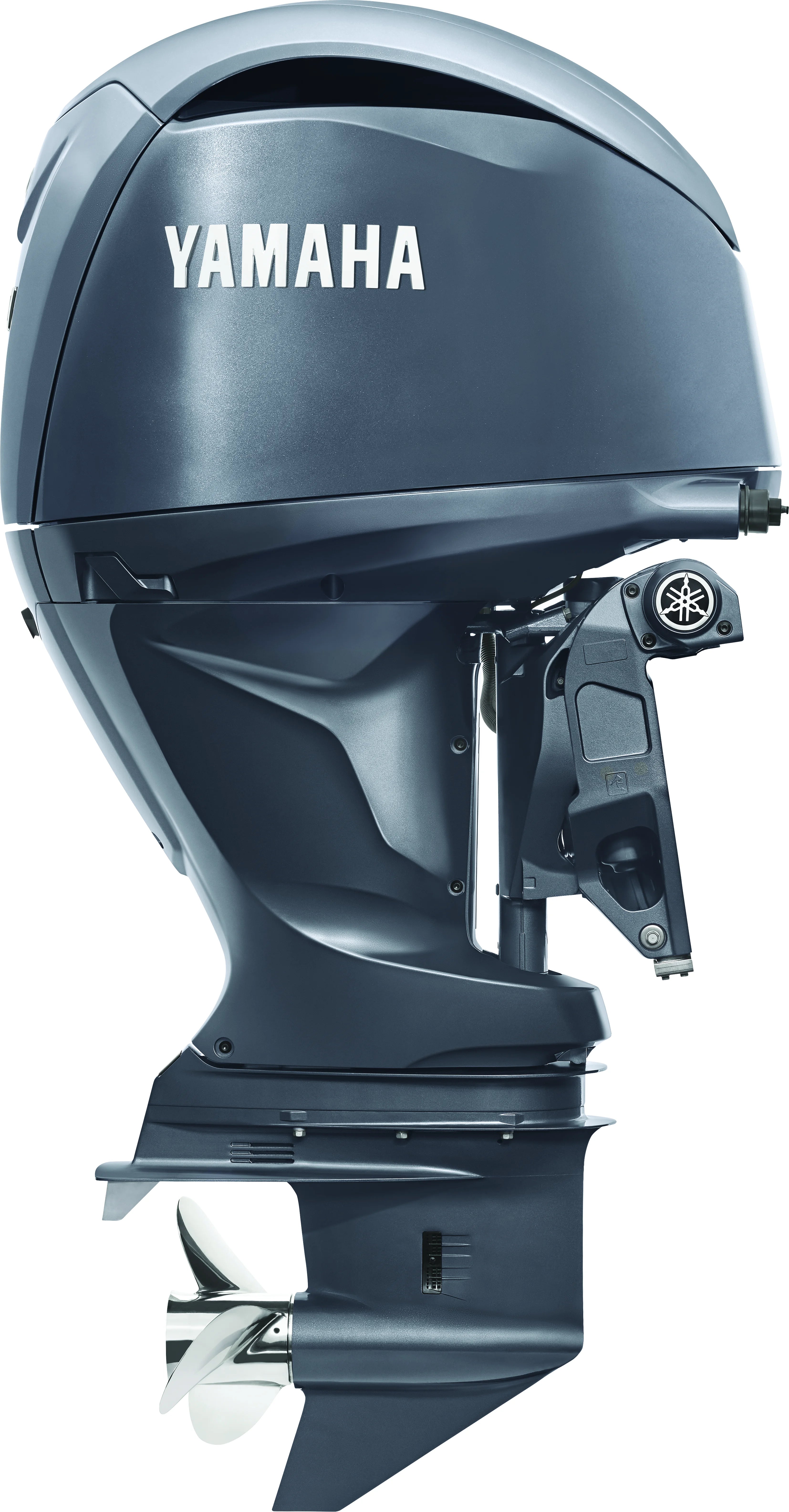 A Yamaha F150 outboard motor for watercrafts, showing the motor housing and part of the propeller shaft.