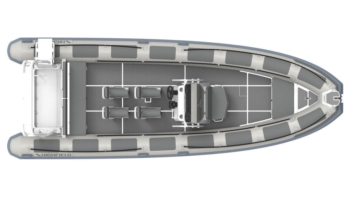Annapolis Inflatables Highfield Patrol 760 RIB boat top-down layout showing seating, console, and side rails