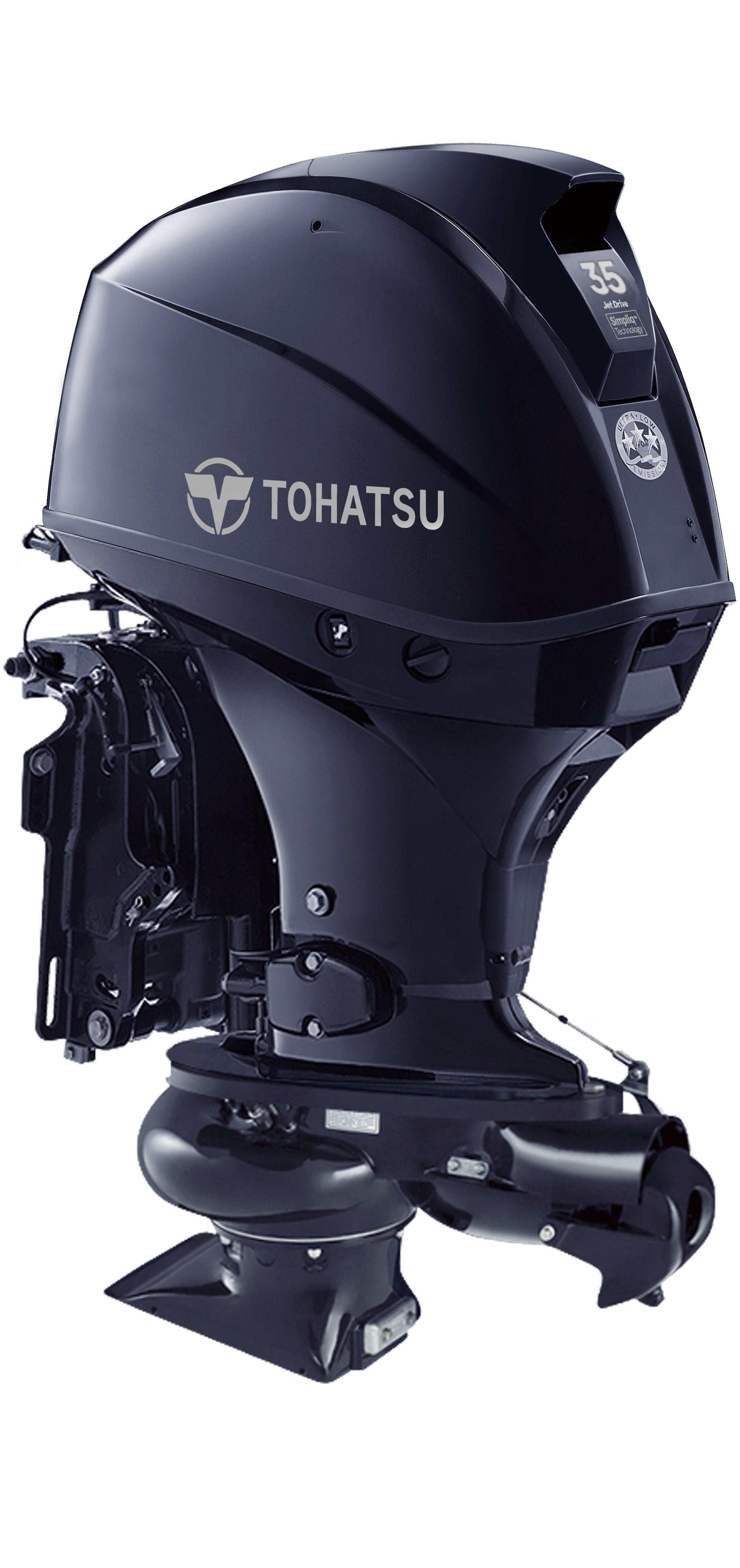 Annapolis Inflatables Tohatsu MFS35AJET jet outboard motor, angled view, EFI, remote or tiller control, 5000-6000 RPM