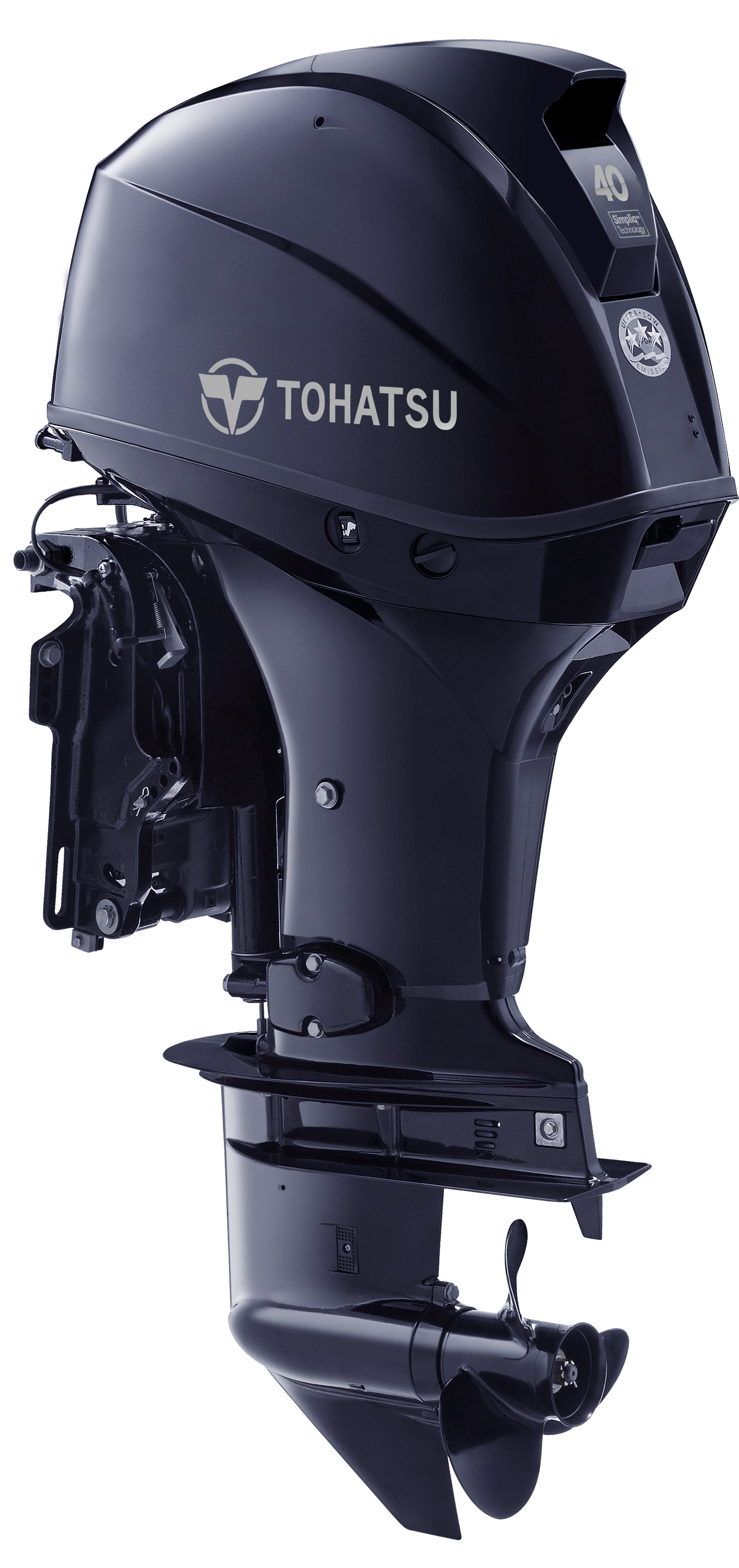 Annapolis Inflatables Tohatsu MFS40A outboard motor, angled view, lightest in class, 209 lbs, low emission, 5yr warranty