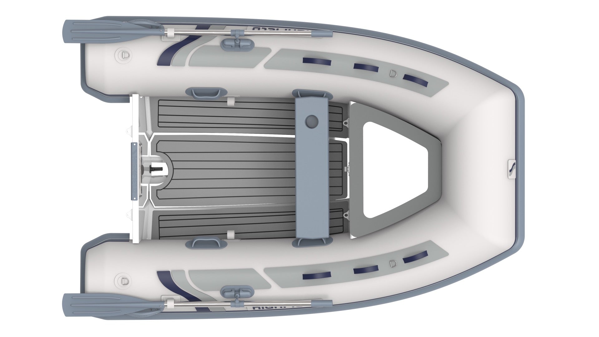 Highfield Classic 260 portable RIB inflatable tender top view with teak floor and oars | Annapolis Inflatables