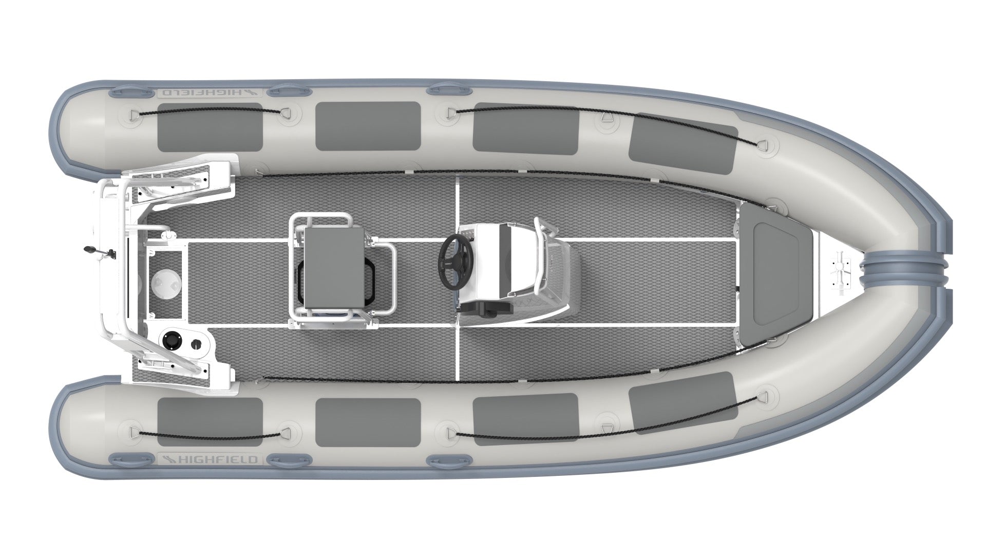 Highfield Patrol 500 inflatable RIB boat top view with perimeter seating textured deck and windlass | Annapolis Inflatables