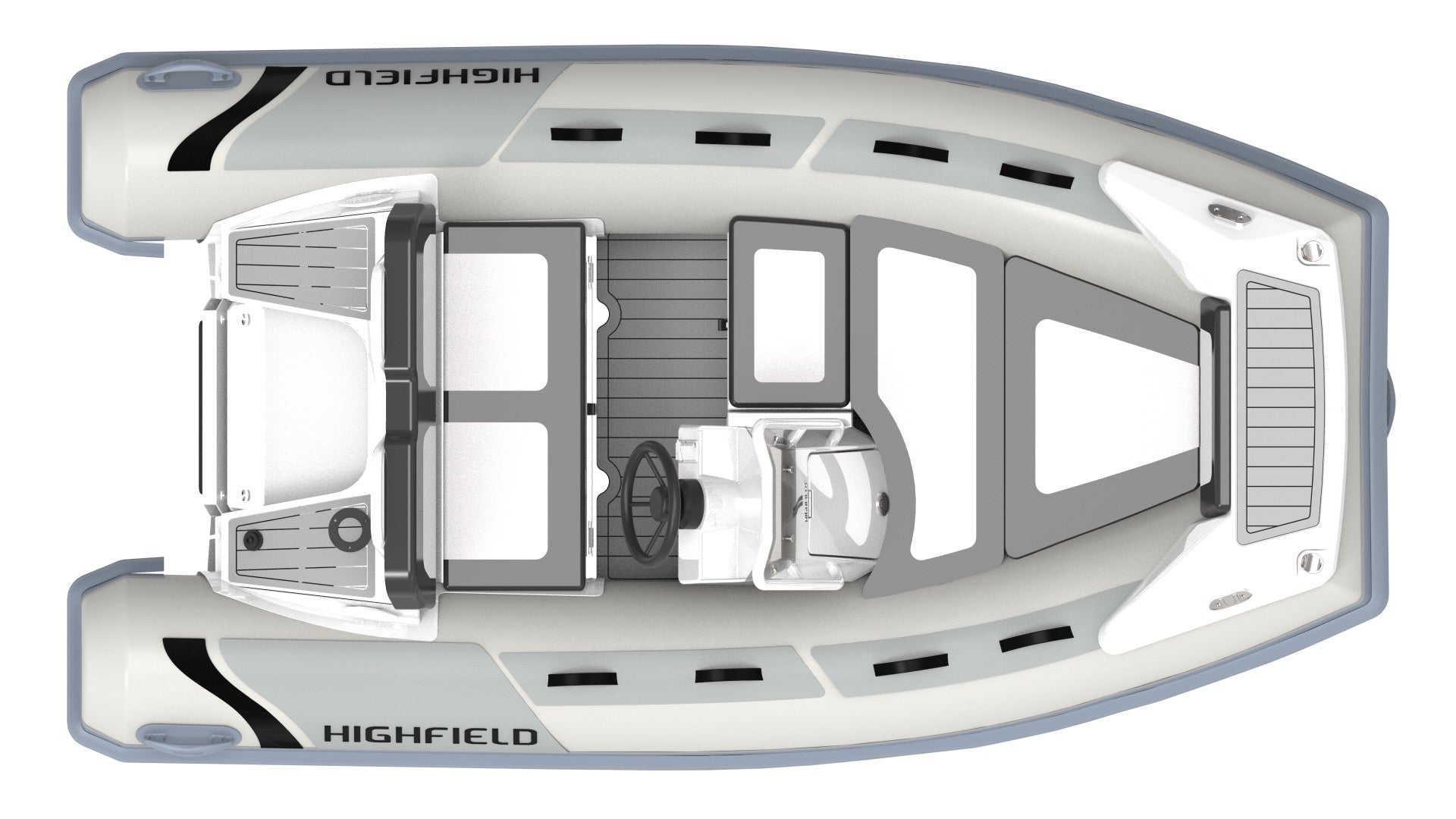 Highfield Sport 330 lightweight inflatable RIB top view with steering console and dual bench seats | Annapolis Inflatables