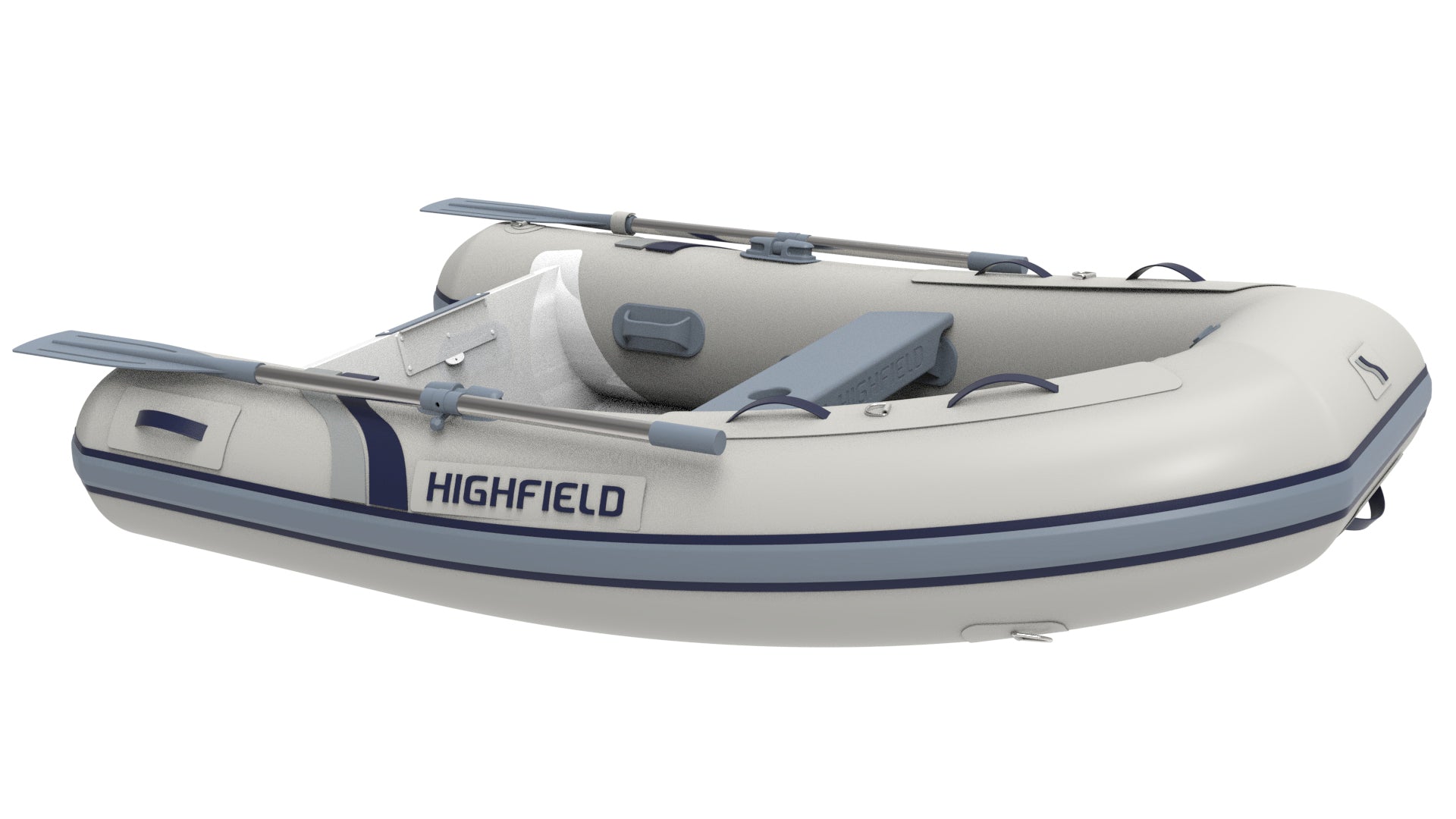 Highfield Ultralite 240 inflatable boat in grey with oars and cushion seat | Annapolis Inflatables