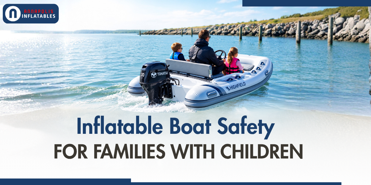 Annapolis Inflatables Highfield boat safety for families: parents and kids in life jackets on water