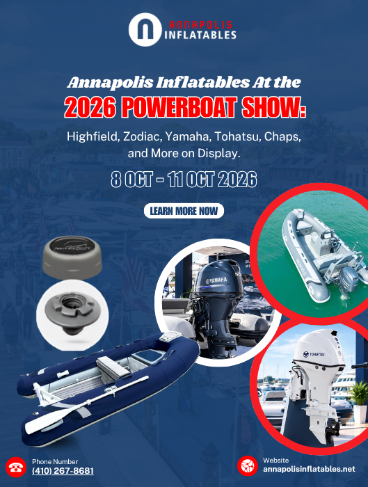 Annapolis Inflatables 2026 Powerboat Show banner: Highfield, Zodiac, Yamaha, Tohatsu, Chaps, Oct 8-11