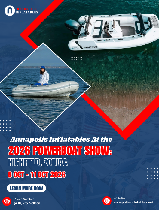 Annapolis Inflatables 2026 Powerboat Show banner featuring Highfield and Zodiac Inflatable boats, Oct 8-11