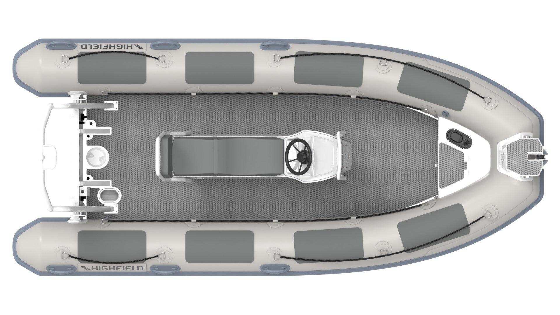 Highfield Patrol 460 rugged inflatable RIB top view with perimeter seating and textured deck | Annapolis Inflatables