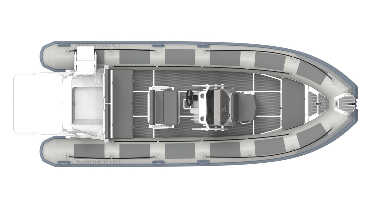 Annapolis Inflatables Highfield Patrol 600 inflatable boat top-down layout with seating, console, and side rails