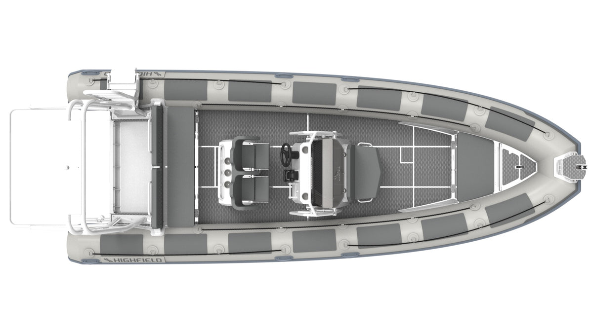 Annapolis Inflatables Highfield Patrol 700 inflatable boat top-down layout with seating, console, and side rails