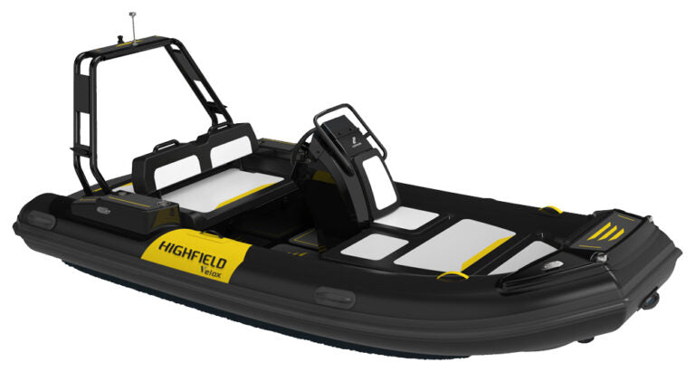 Annapolis Inflatables Highfield Velox 420 jet RIB boat side profile featuring jet propulsion and rollbar system