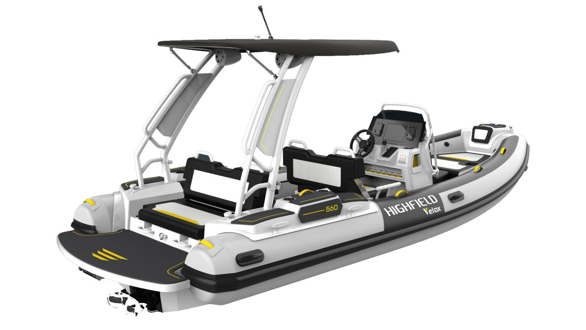 Annapolis Inflatables Highfield Velox 560 RIB boat, 5.92m length, 10-person capacity, 230hp, jet boat with T-top