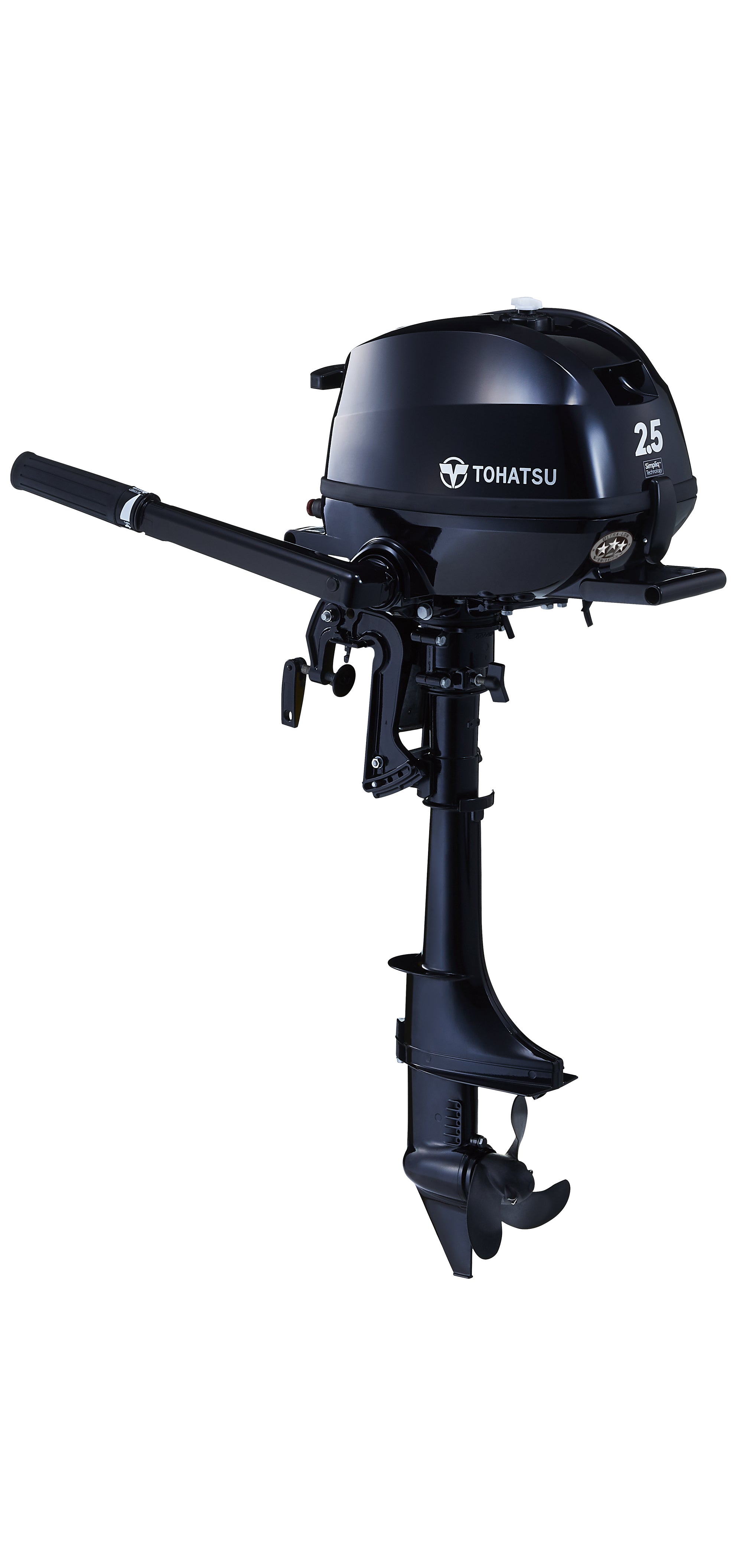 Annapolis Inflatables Tohatsu MFS2.5C portable outboard motor, angled front view, 2.5hp, single cylinder engine