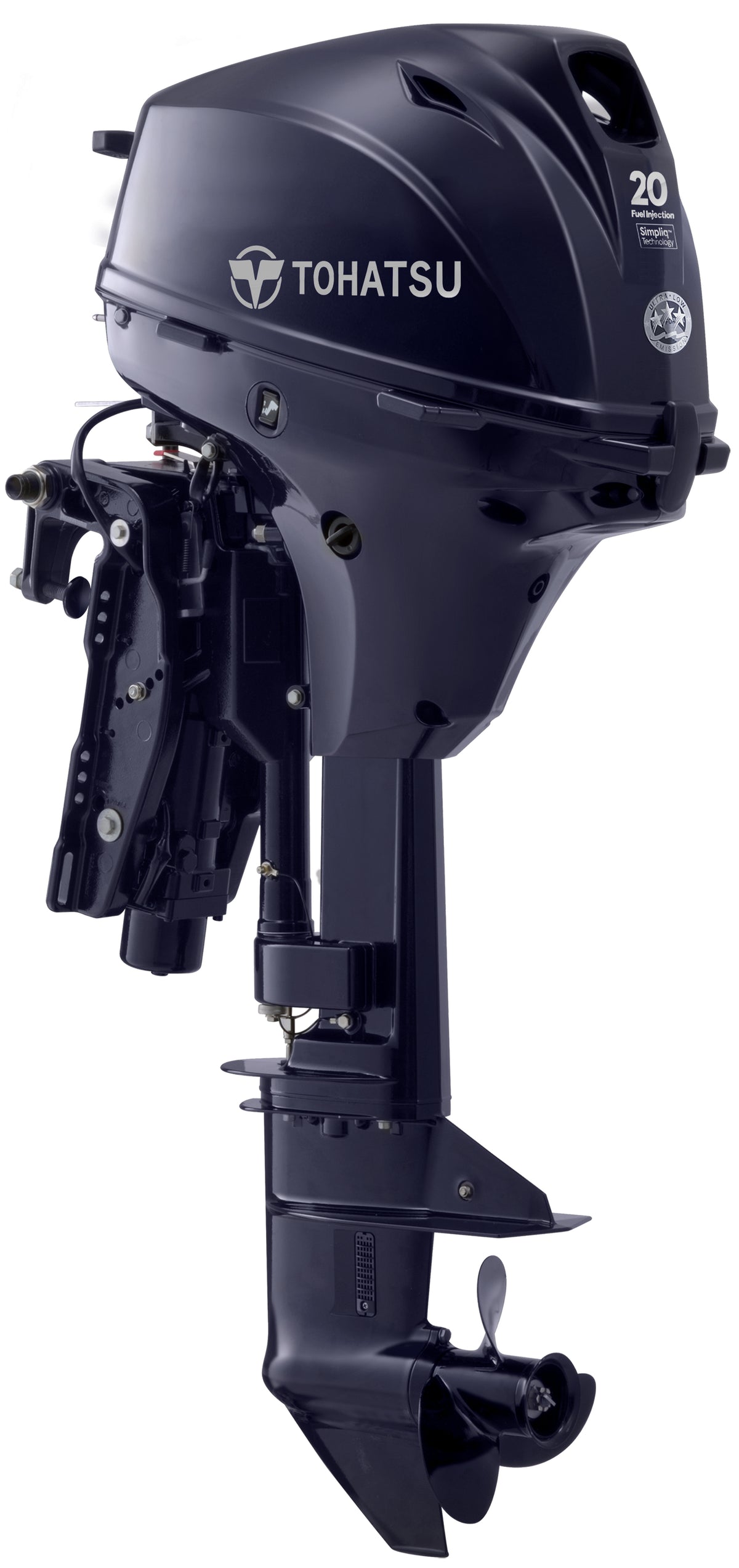 Annapolis Inflatables Tohatsu MFS20E outboard motor, angled view, battery-less EFI, aluminum propeller, 20hp
