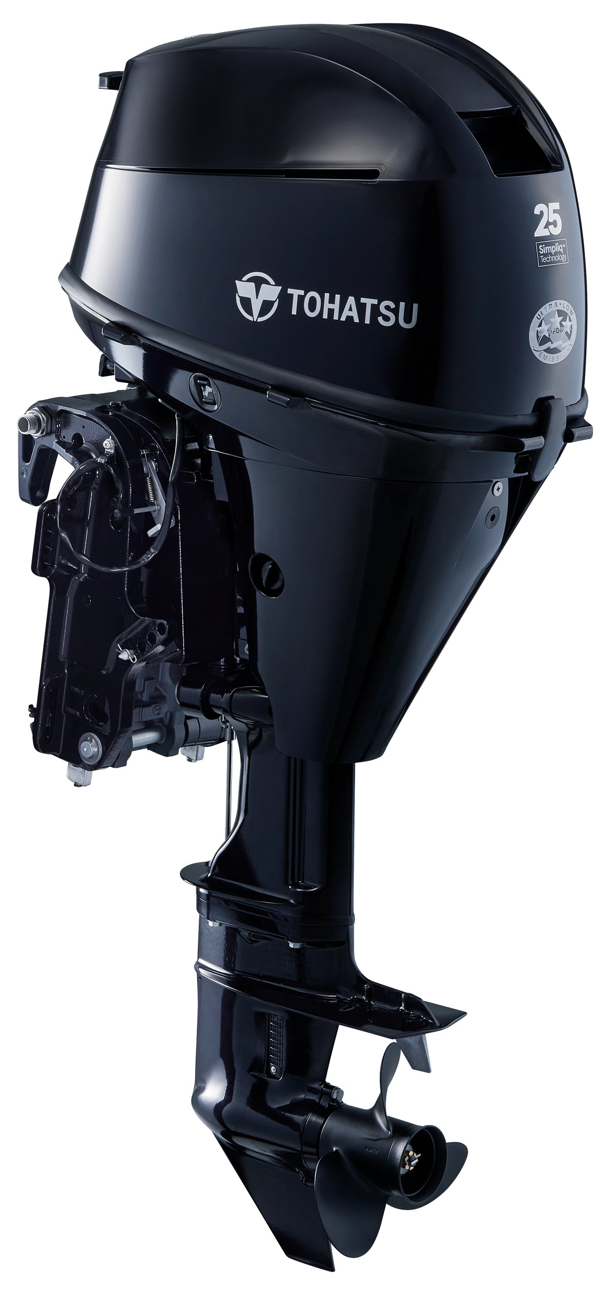 Annapolis Inflatables Tohatsu MFS25D portable outboard motor, angled view, EFI, 25L fuel tank, 58kg, 25hp