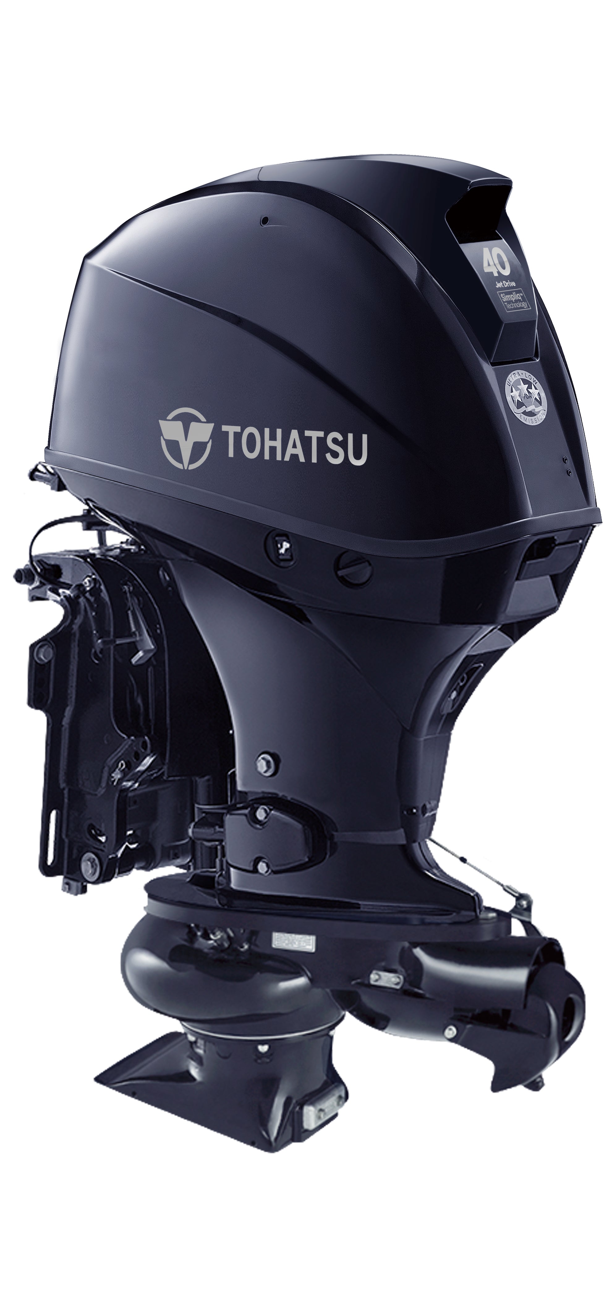 Annapolis Inflatables Tohatsu MFS40AJET jet outboard motor, angled view, EFI, power trim, tilt, 21 amp alternator
