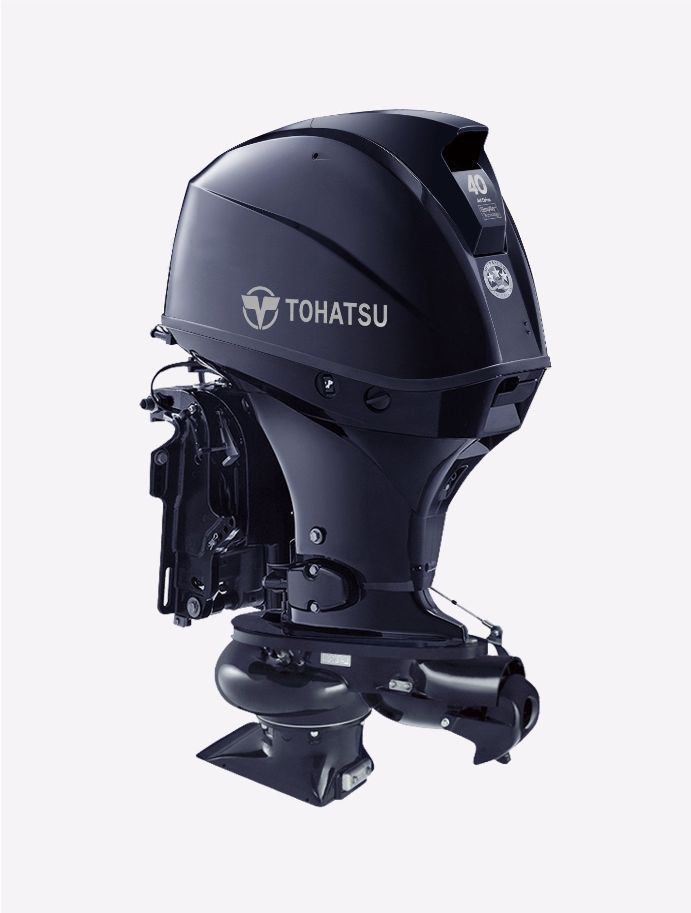 Annapolis Inflatables Tohatsu MFS40AJET mid range outboard motor, 60hp engine, 3-cylinder, 40hp jet output, electric start