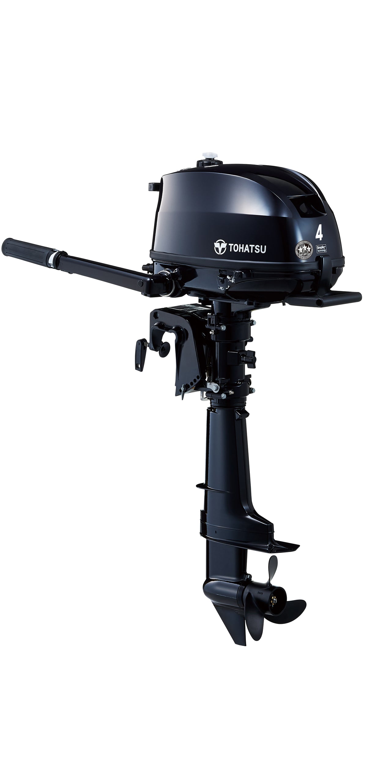 Annapolis Inflatables Tohatsu MFS4D portable outboard motor, angled view, 4hp, 2.15:1 gear ratio, 15/20 transom