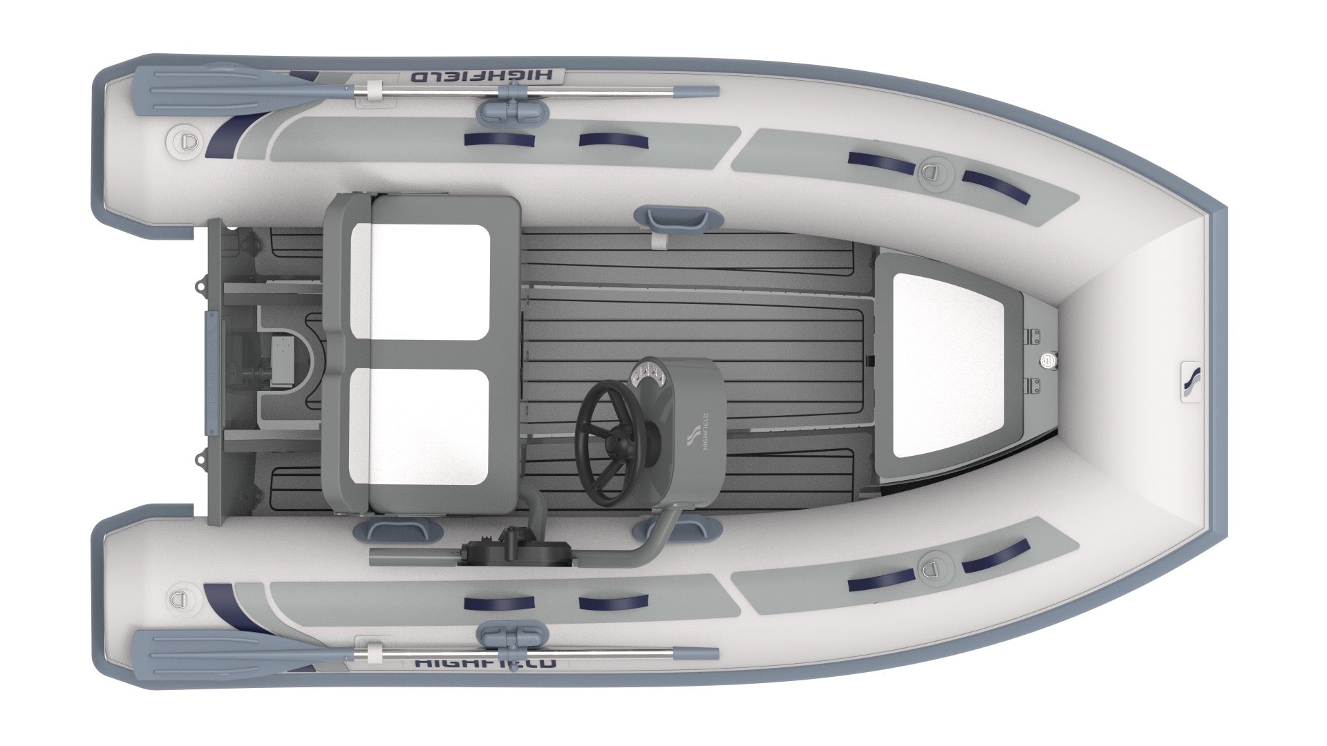 Highfield Classic 310 inflatable tender top view with steering console teak floor and oars | Annapolis Inflatables