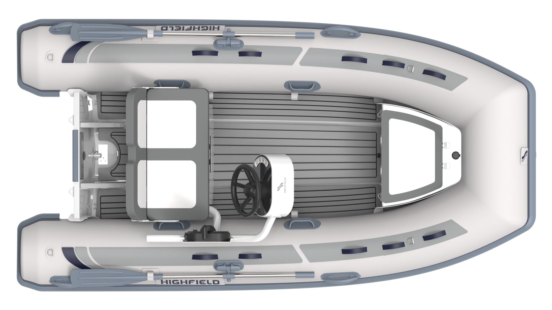 Highfield Classic 340 premium inflatable tender top view with steering console and teak floor | Annapolis Inflatables