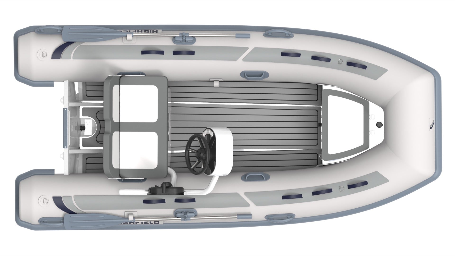 Highfield Classic 360 rugged inflatable tender top view with steering console and teak floor | Annapolis Inflatables