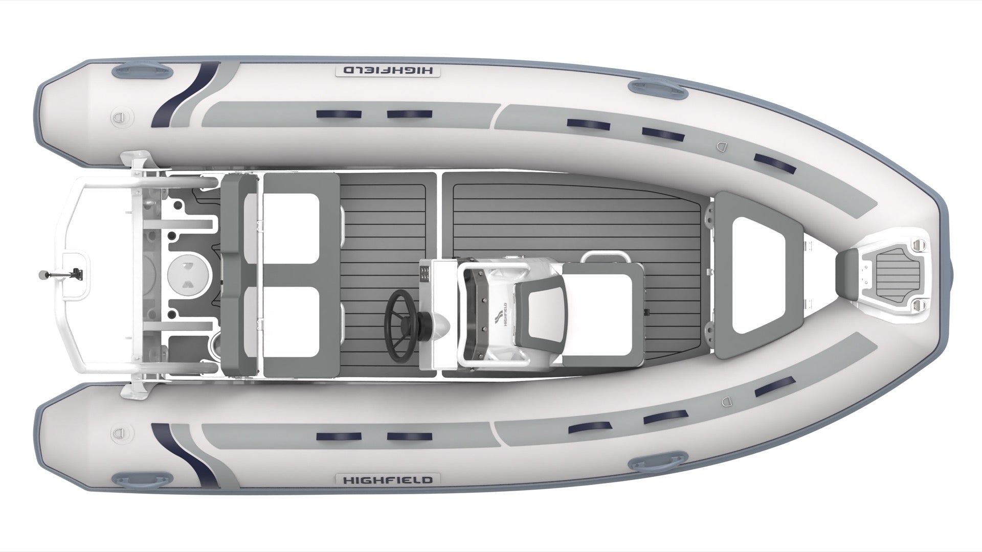 Highfield Classic 400 inflatable tender top view with steering console teak deck and bow seating | Annapolis Inflatables