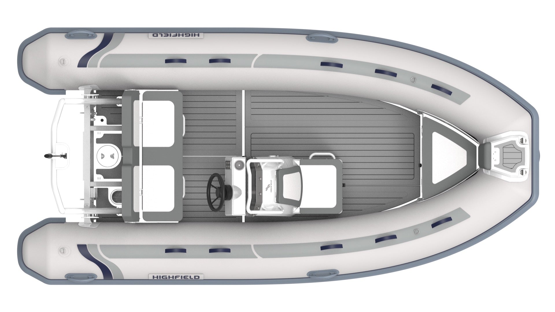 Highfield Classic 420 compact RIB inflatable tender top view with steering console and teak deck | Annapolis Inflatables