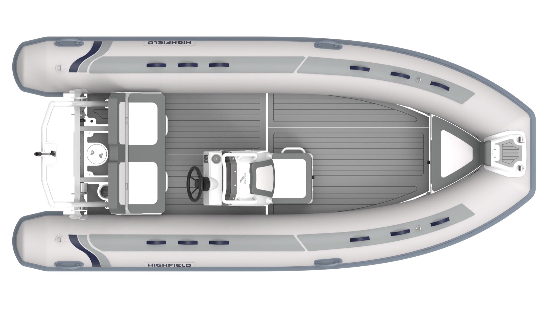 Highfield Classic 460 performance inflatable tender top view with steering console and teak deck | Annapolis Inflatables