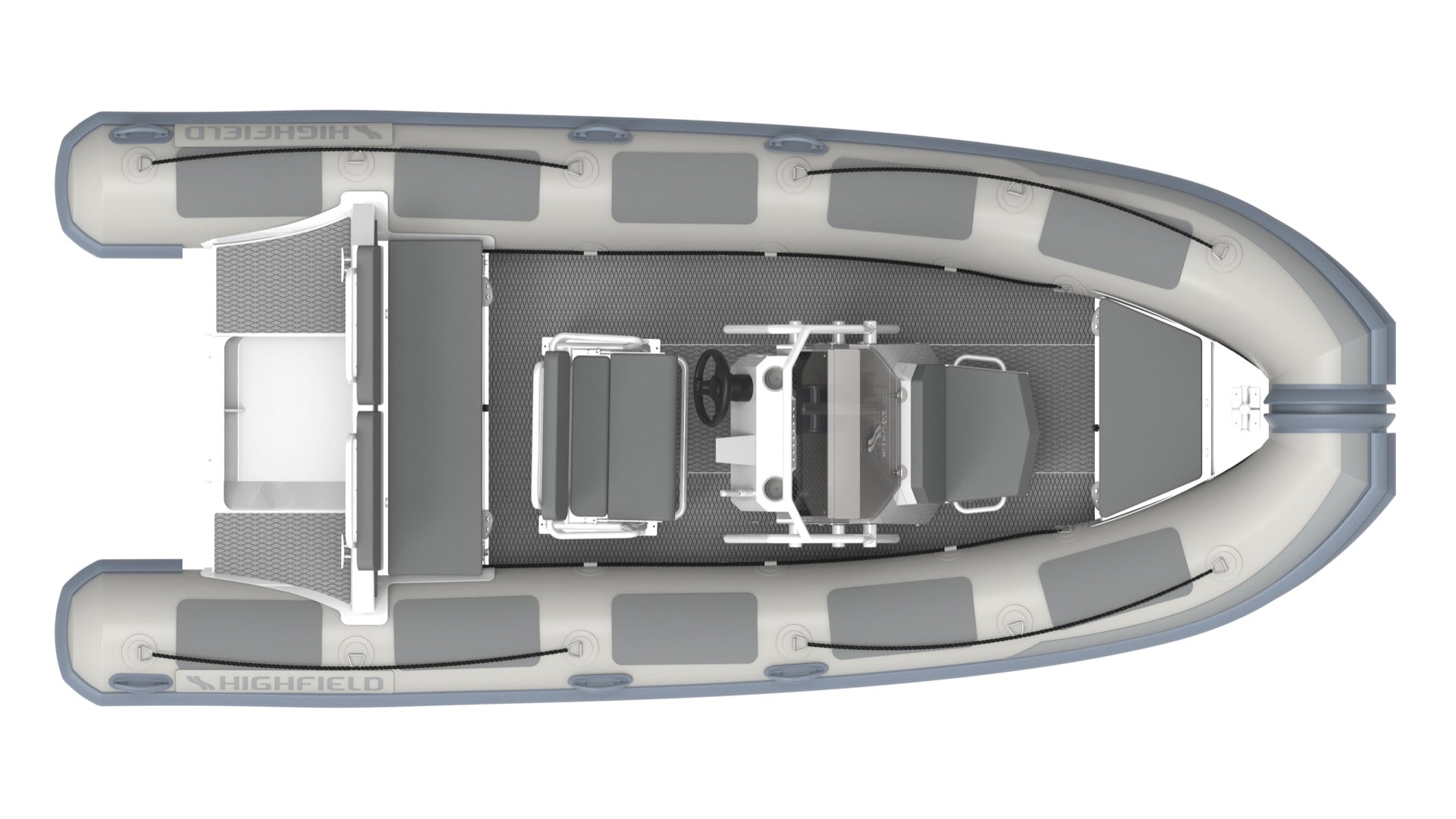 Highfield Patrol 540 durable inflatable RIB top view with centre console and perimeter tube seating | Annapolis Inflatables