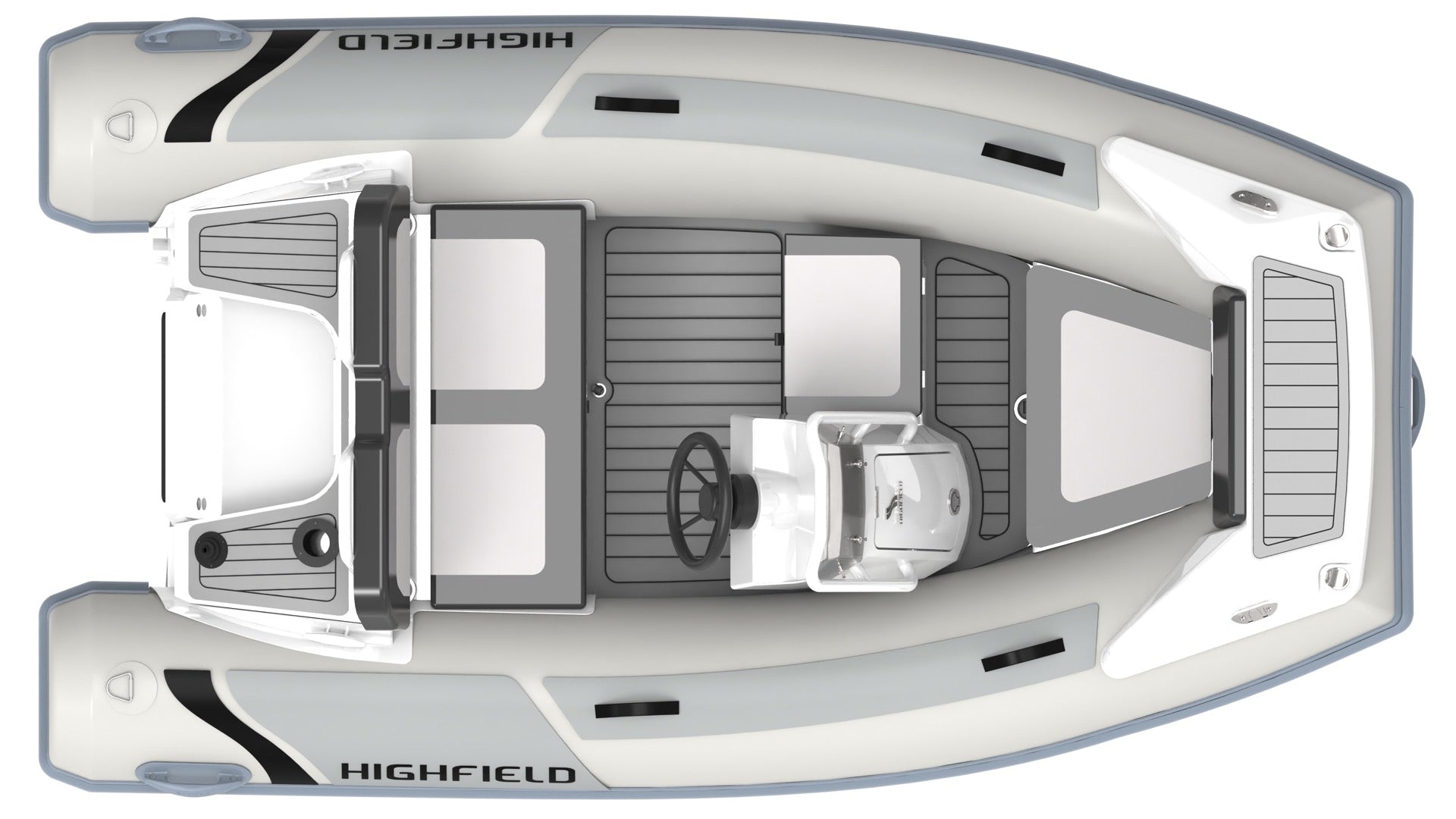 Highfield Sport 300 inflatable RIB boat top view with steering console and cushioned bench seats | Annapolis Inflatables