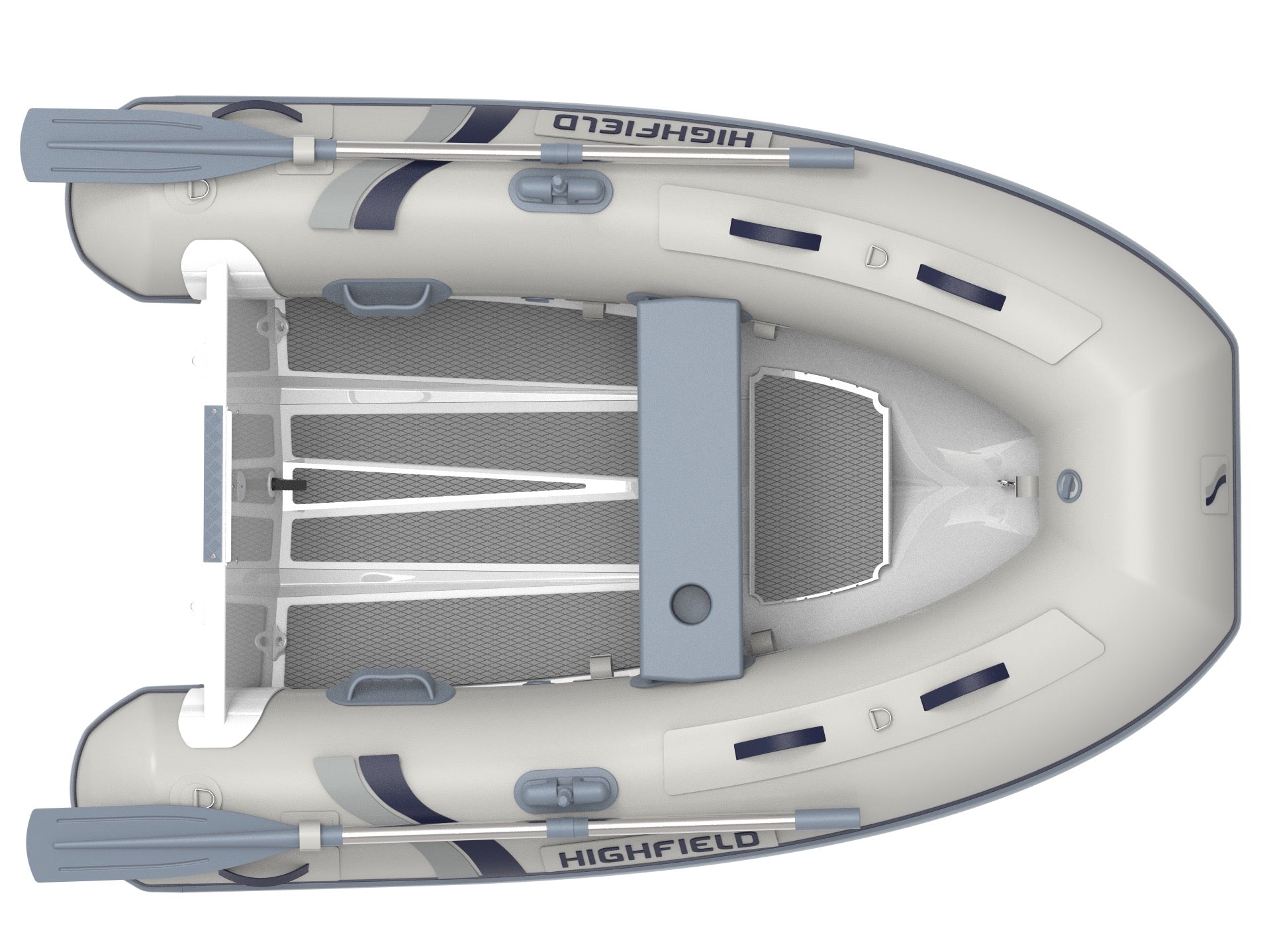 Highfield Ultralite 220 inflatable boat top view with textured floor and oars | Annapolis Inflatables 
