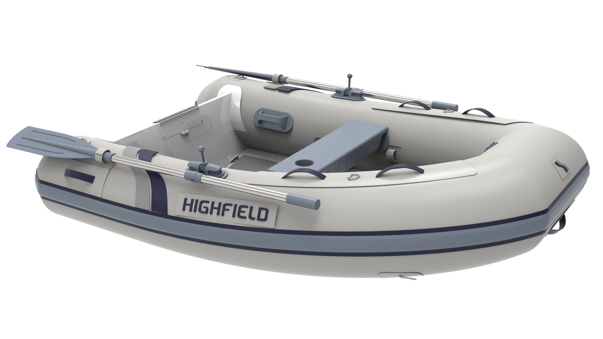 Highfield Ultralite 220 inflatable boat in grey with oars and rod holder | Annapolis Inflatables