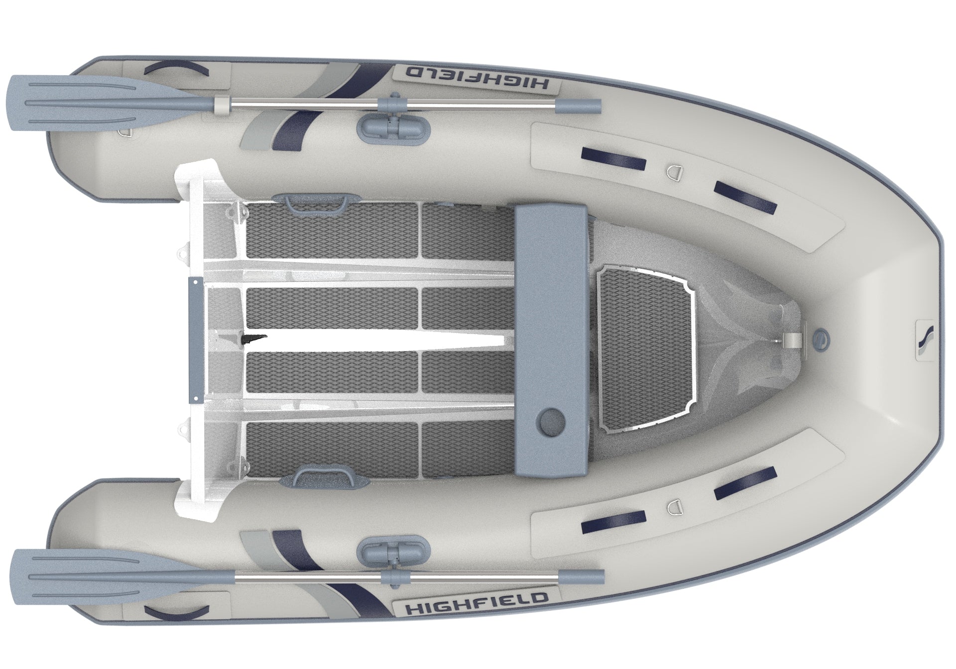 Highfield Ultralite 240 inflatable boat top view with textured floor and oars | Annapolis Inflatables