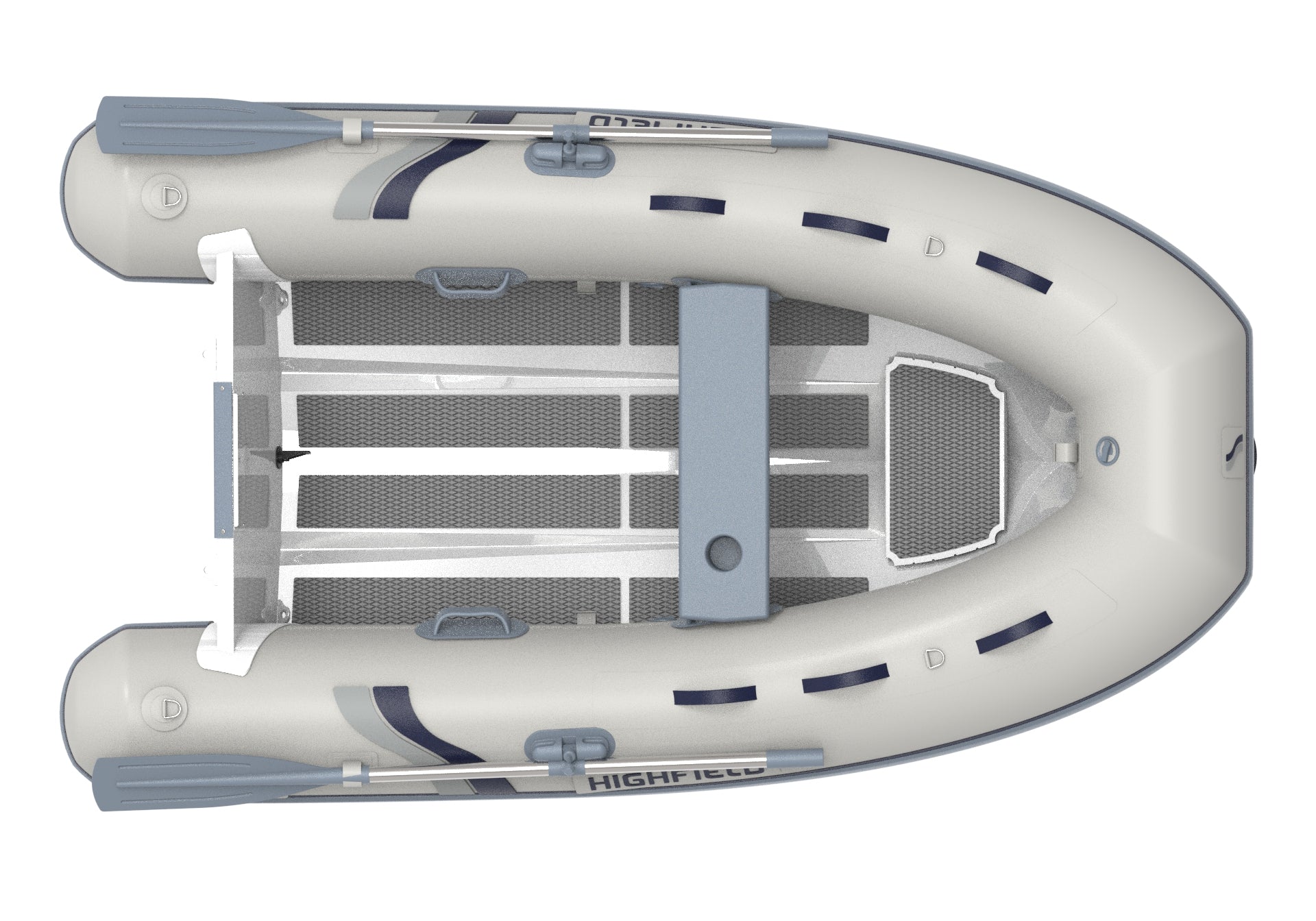 Highfield Ultralite 260 inflatable tender top view with textured floor and oars | Annapolis Inflatables