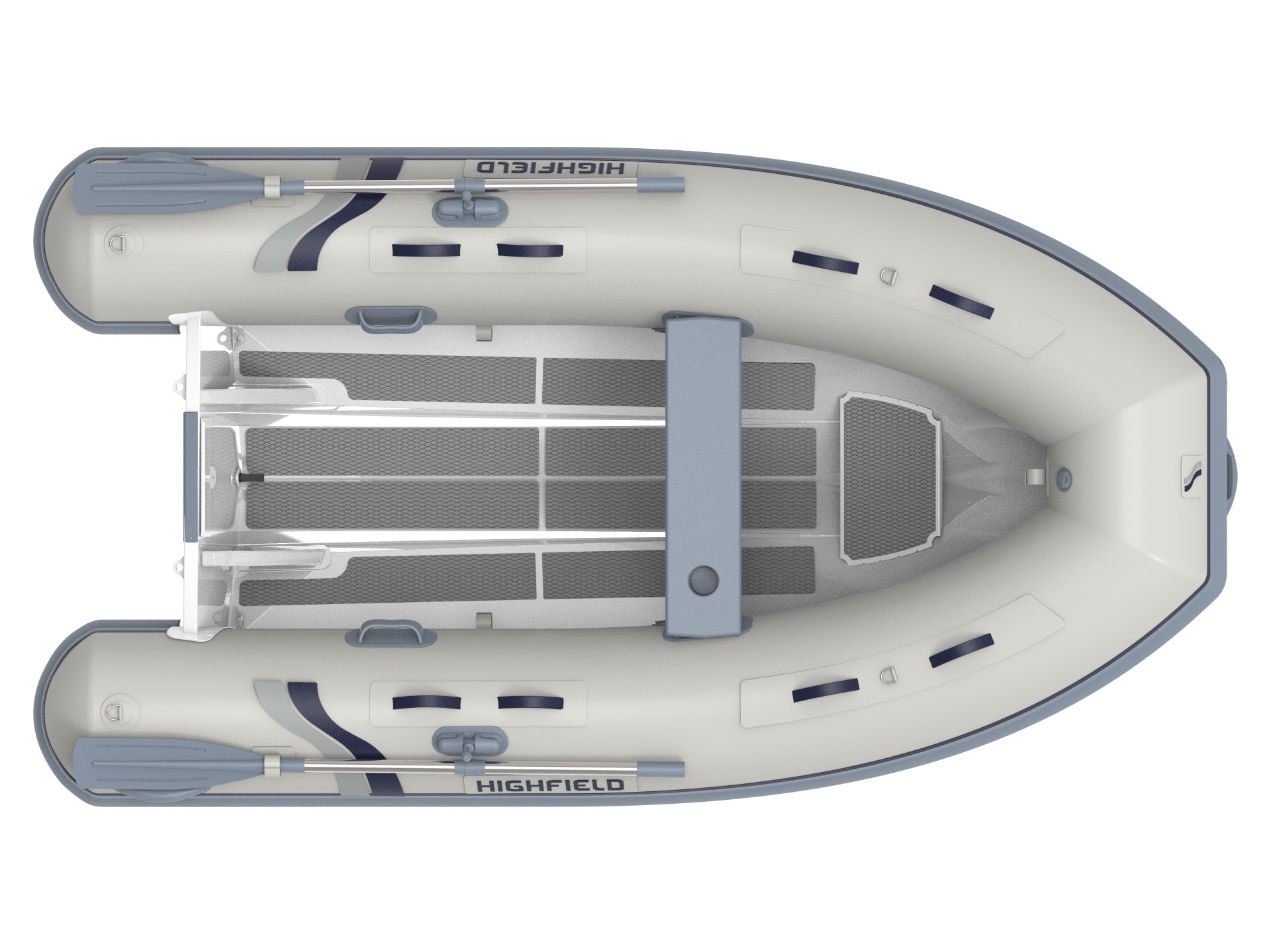 Highfield Ultralite 310 inflatable tender top view with textured floor and oars | Annapolis Inflatables